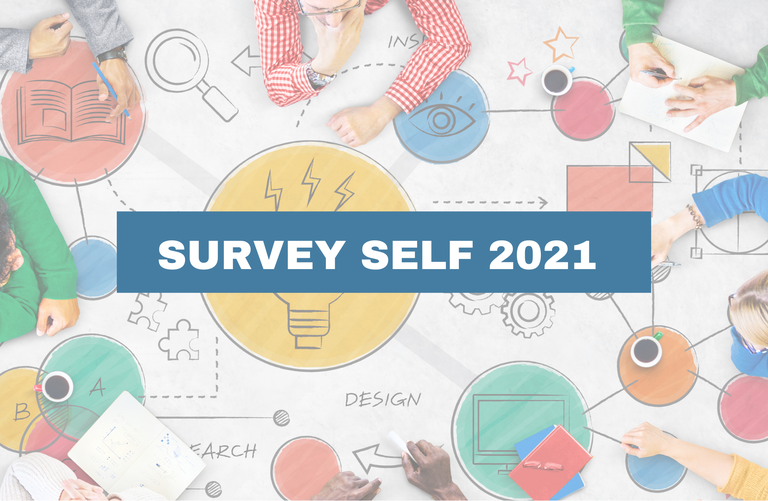 mani che lavorano su tavolo grande con simboli grafici e titolo grande SURVEY SELF 2021